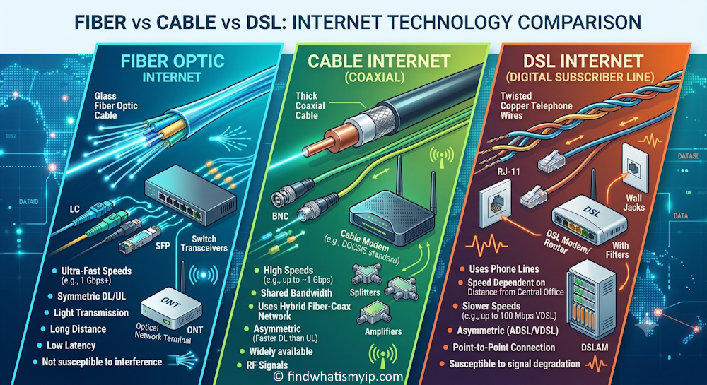 Fiber, cable and DSL internet lines running to a home
