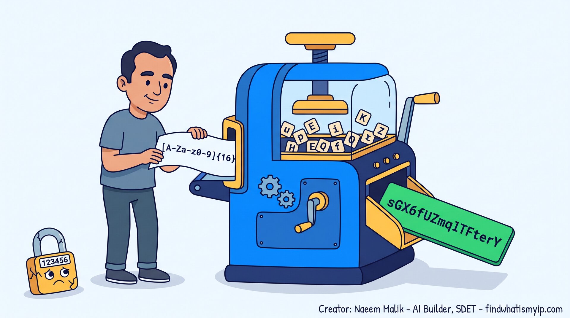 Cartoon of a man feeding a paper ticket printed with the pattern [A-Za-z0-9]{16} into a blue password machine, which pushes out a green tile reading sGX6fUZmqlTFterY, while a small cracked padlock labelled 123456 looks sad in the corner