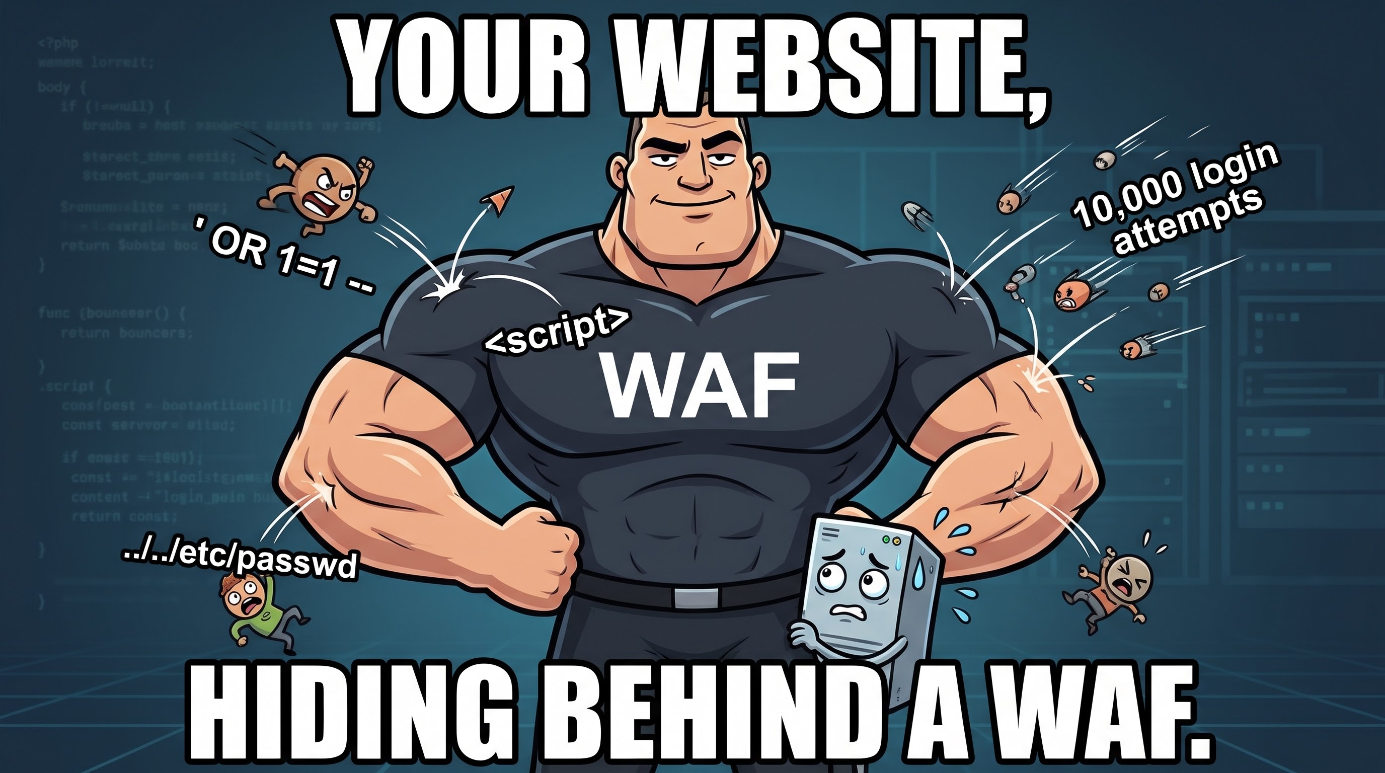 Cartoon of a huge muscular bouncer labelled WAF while a small worried web server hides behind him and attacks such as ' OR 1=1, script tags, path traversal and 10,000 login attempts bounce off; caption: your website, hiding behind a WAF